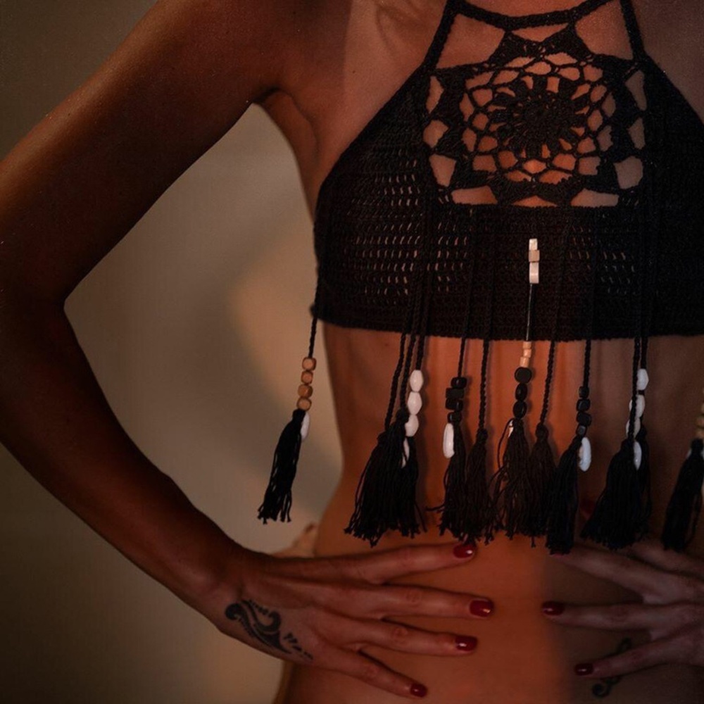 Bohemian Crochet Tassel Beaded Floral Crop Top - Picture 13 of 16